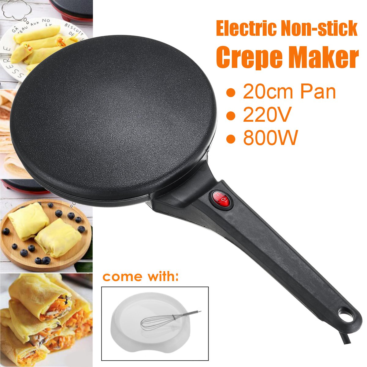 Elektrisk crepe maker 20cm non stick bagning pandekage pande stegning grill maskine med dej skål køkken madlavning værktøjer 220v 800w