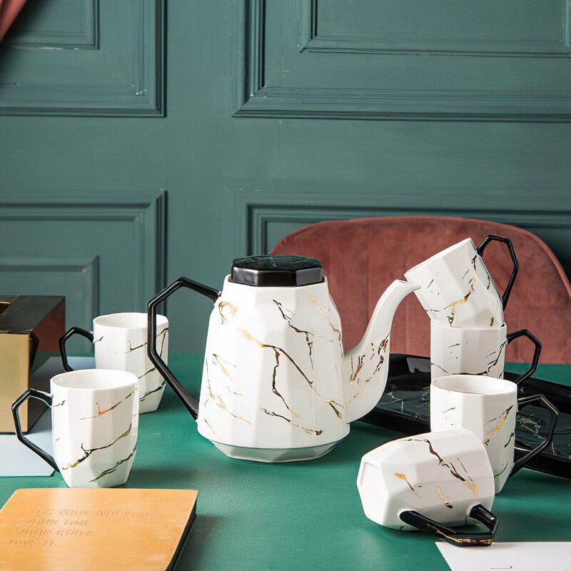 European Style Simple Black and White Marble Gold Ceramic Coffee Tea Set Hotel Household with Tray Teapot Cup Set Water Set