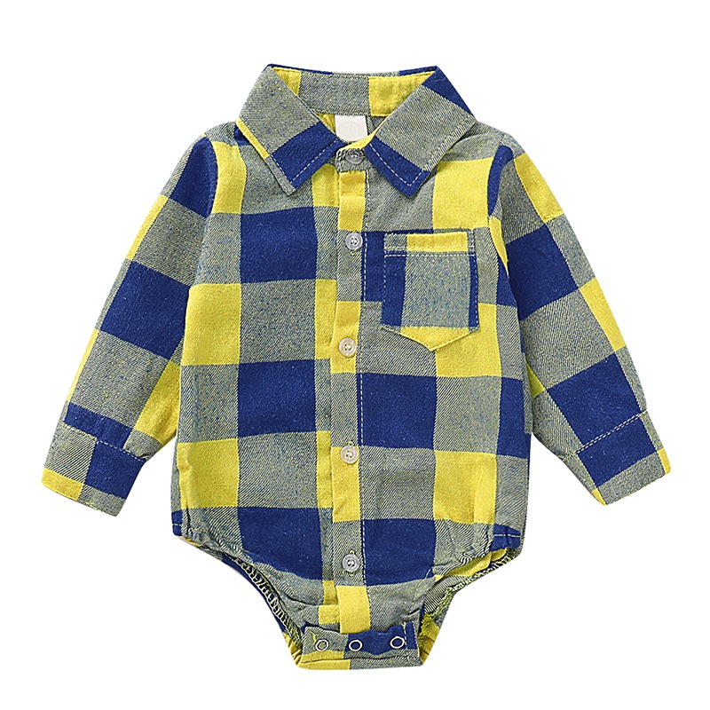 Baby Girls Boys Long Sleeve Plaid Print Rompers Autumn Infant Kids Bodysuit Jumpsuit Outfits: Yellow