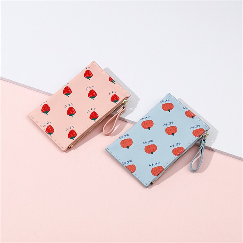 PURDORED 1 Pc Cute Women Card Holder Small Fruit Patterns Credit Card Case PU Female Minimalist Zipper Mini Coin Purse Wallet