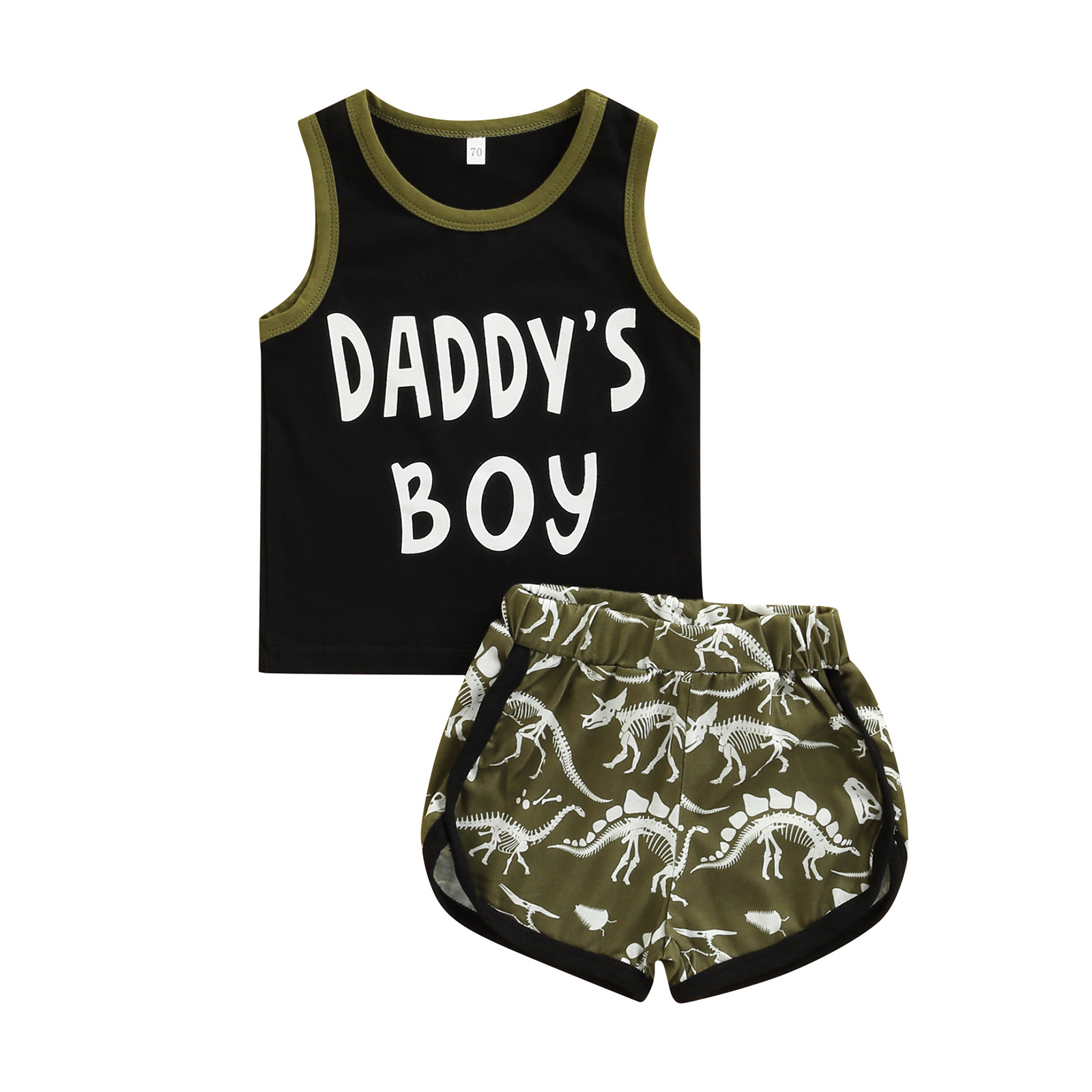 Tenue d&#39;été 2 pièces pour bébé garçon, haut gilet sans manches + short imprimé dessin animé dinosaure, couleurs assorties, col rond, lettres: Black / 6M