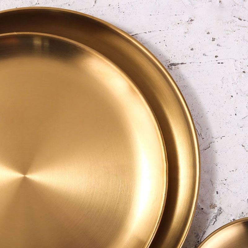 Golden Stainless Steel Storage Tray Luxurious Brass Gold Round Plate Metal Fruit Plate Dessert Snack Jewelry Display Tray