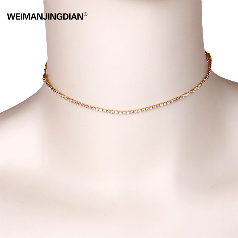 Exquisite Round Cubic Zirconia Choker Necklace Adjustable in White Gold or Yellow Gold Colors: gold color