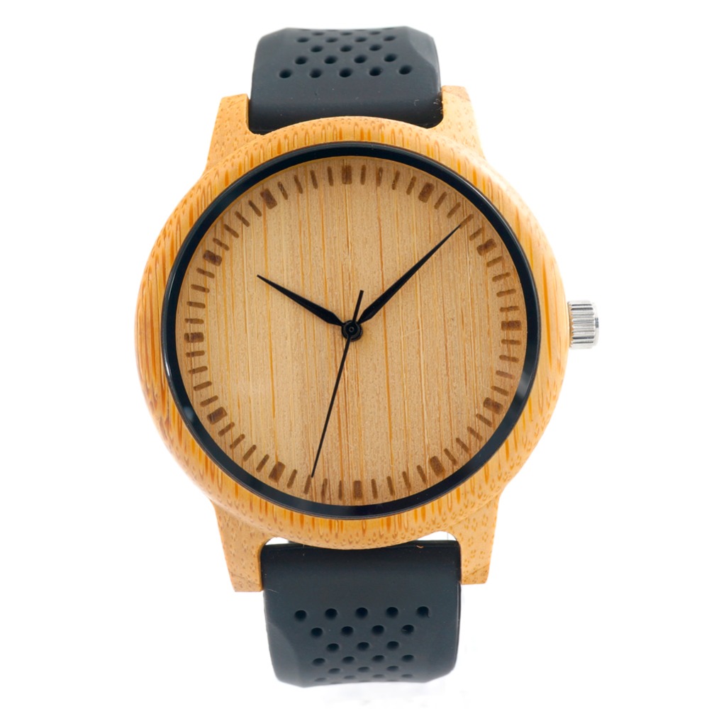 BOBO BIRD Men Watches Simple Style Bamboo Wooden Wristwatches Soft Silicone Strap Extra Band as