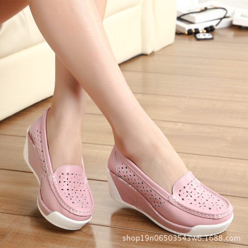 COWCOM Spring Thick-soled Platform Shoes Women's Casual Slope Hollow Round Head Bottom Women's Shoes Summer: 906pink / 39