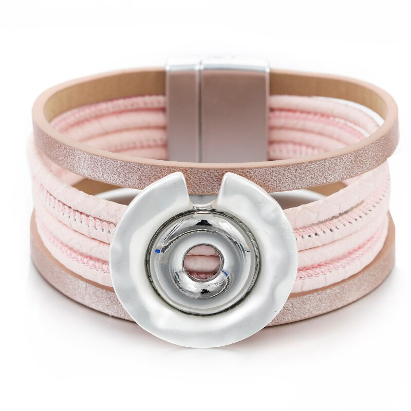 Amorcome Simple Pink Leather Bracelet Jewelry Multilayer Metal Charm Wide Wrap Bracelets Ladies Jewelry