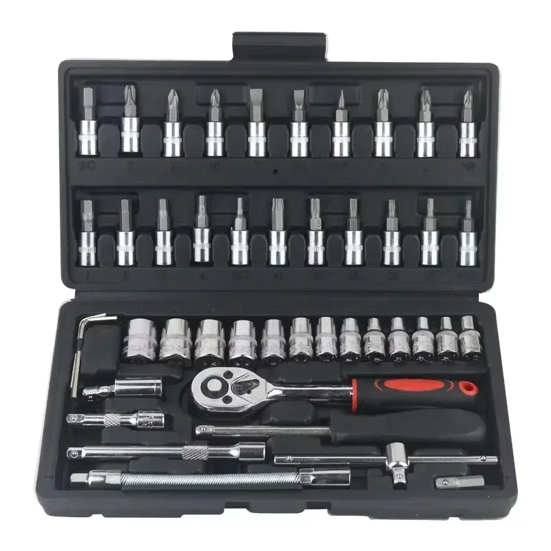 46pcs Car Repair Tool Kit 1/4-Inch Socket Set Car Repair Tool Ratchet Torque Wrench Combo Auto Repairing Set Mechanic Tool: WHITE