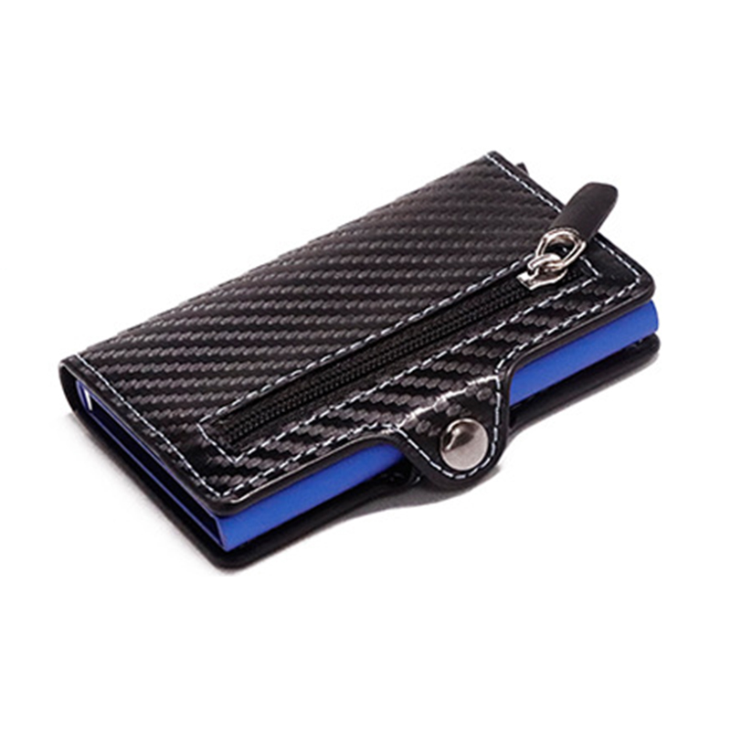 Carbon Fiber Men Wallet Credit Card Holder Button Zipper Wallet RFID Metal Anti-theft CardCase Short Slim Male Purse2021: Blue CZ06