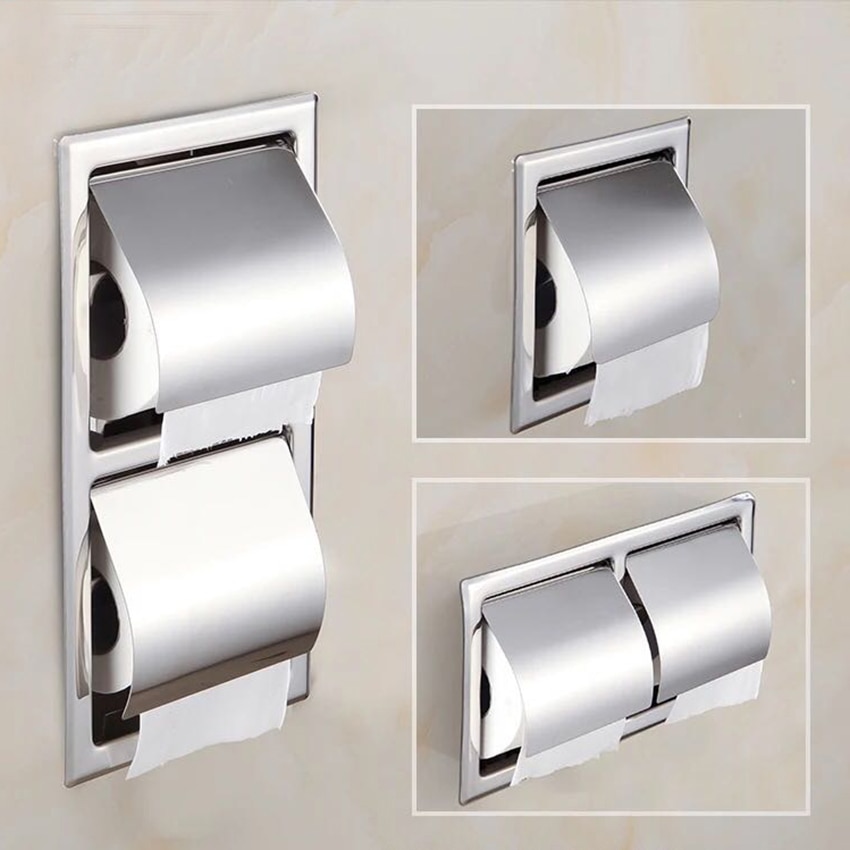 Single/Double Stainless Steel Toilet Paper Box Home Hotel Bathroom Wall-mounted Concealed Roll Paper Holder Rack Tissue box