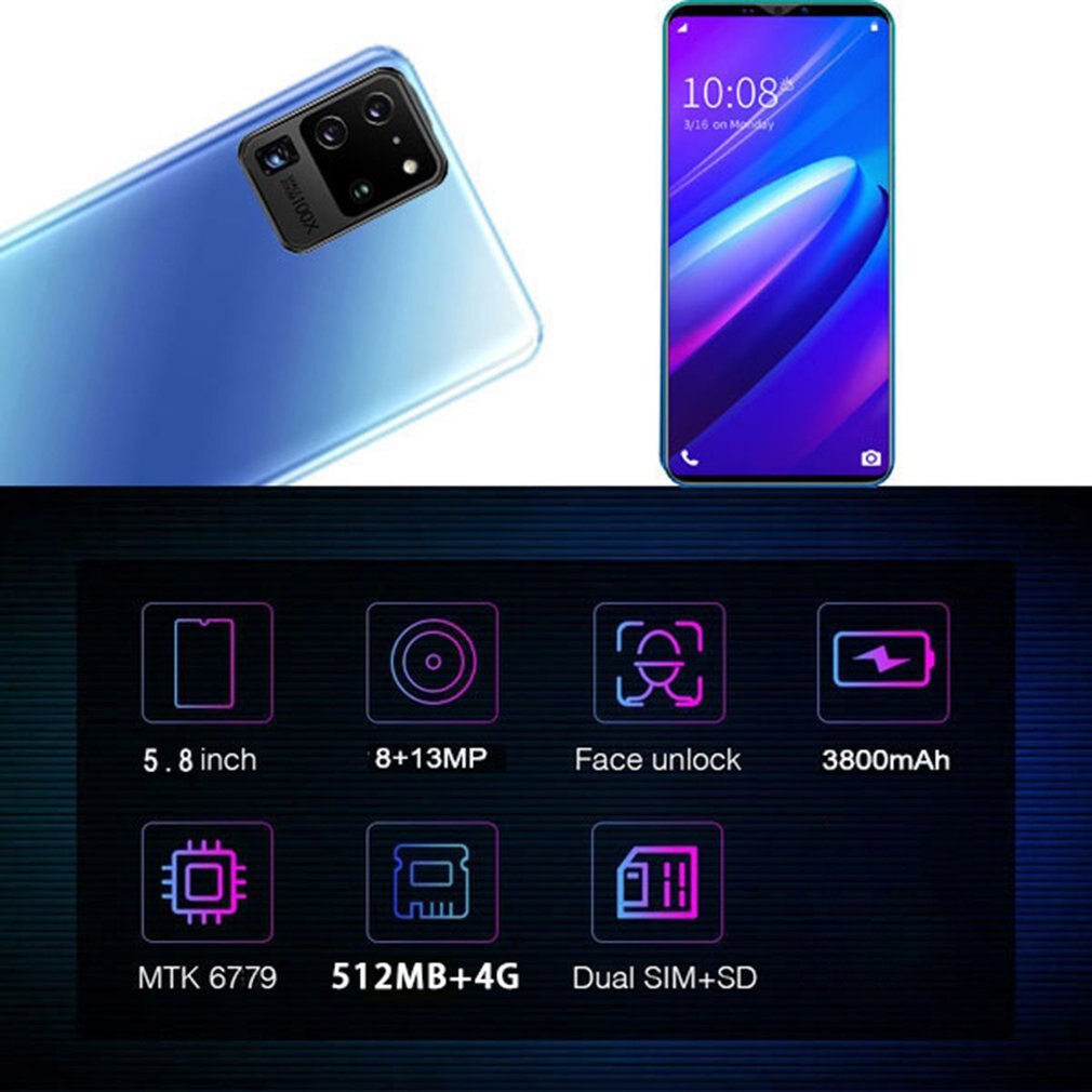 S20 pro smartphone 5.8 Polegada tela smartphone 512m + 4g android smartphone 3d vidro chapeado capa traseira azul