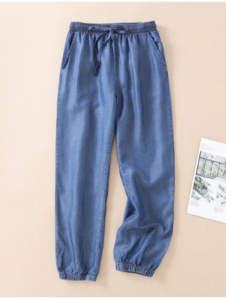 Jean d'été en soie glacée pour femmes, pantalon Harem, taille haute, ample, mince, élastique, classique