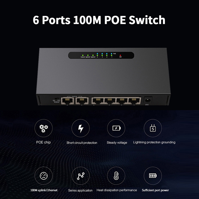 Ethernet Splitter 6 Port 10/100Mbps Poe Network Switch Shielded Port With LED Indicator For Monitor Router PC