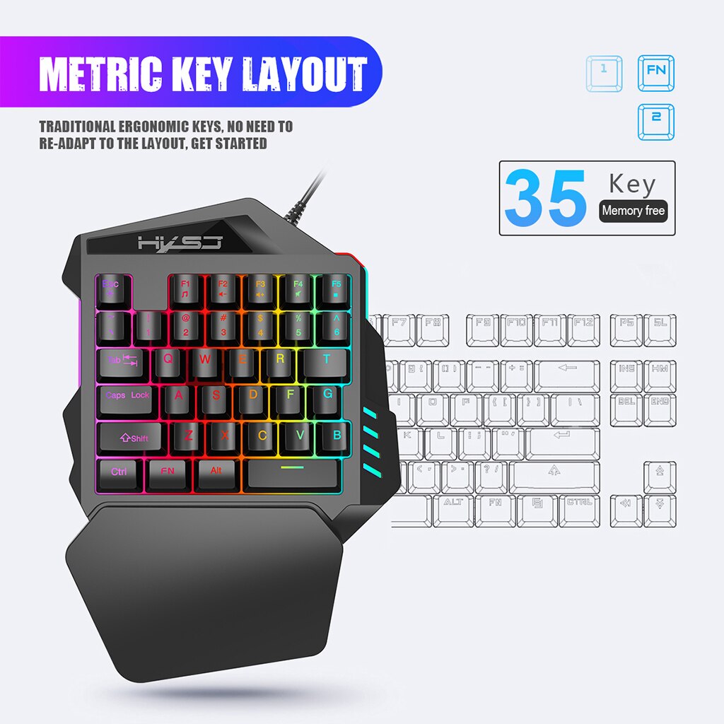 Mini gaming toetsenbord met één hand, muis, combo, usb, bedraad, game, 35 toetsen,  v100+a907 rgb, mechanisch toetsenbord met één linkerhand, polssteun