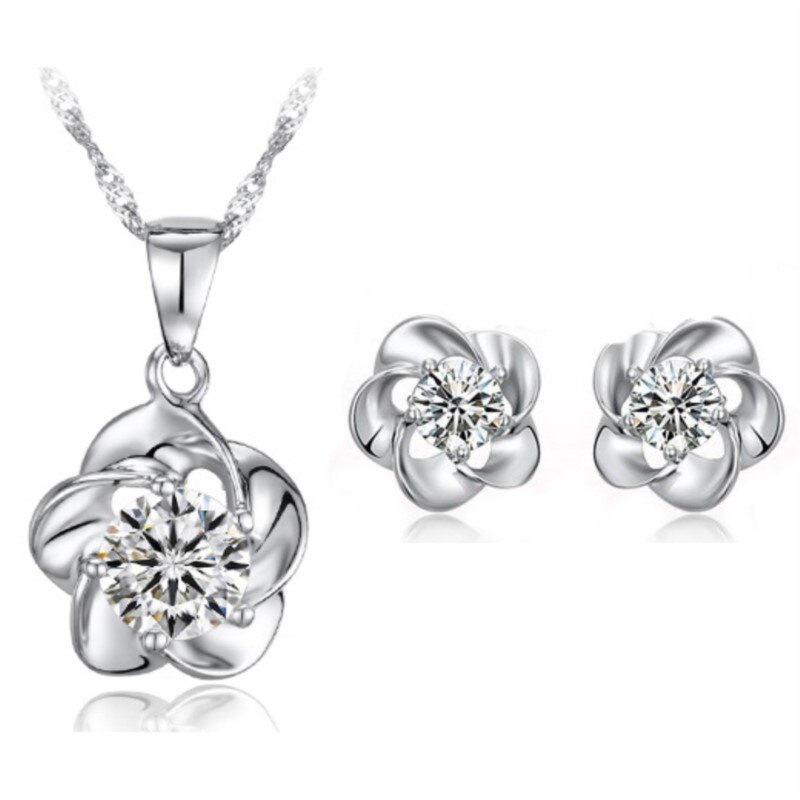 Mooie Wo Bridal Set Niew Brand Sieraden Sets Zirkoon Instellen Bloem Hanger Ketting Oorbellen Sieraden