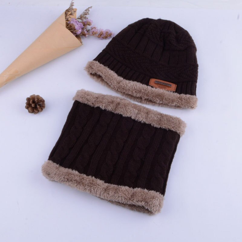 Vinter gutt lue skjerf sett fast strikket lue lokk tykkere varm fløyel låve hatt sikring caps ski myk ringe skjerf låve: Kaffe