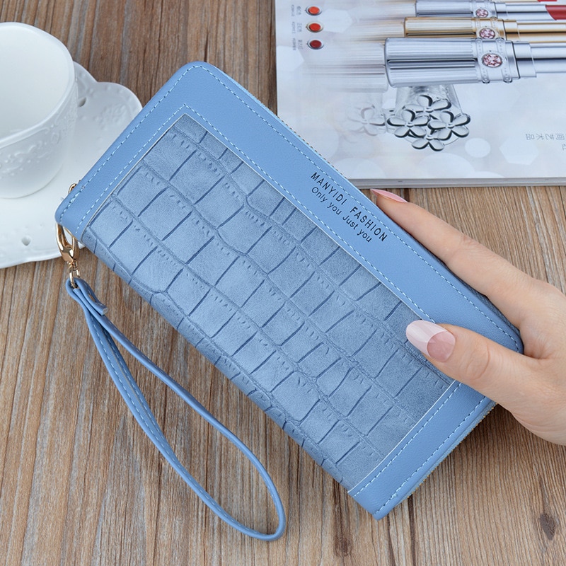 Nueva cartera larga de para mujer, bolso de mano con de cocodrilo y cremallera, Cartera de piel suave de gran capacidad, bolso para teléfono móvil: Blue