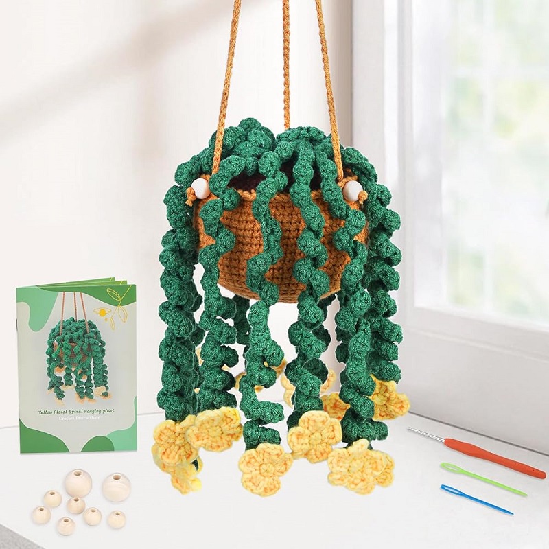 Buddur pendurado vasos de plantas crochê tricô kit com fio de algodão instruções para iniciante diy material não-acabado: Verde exército