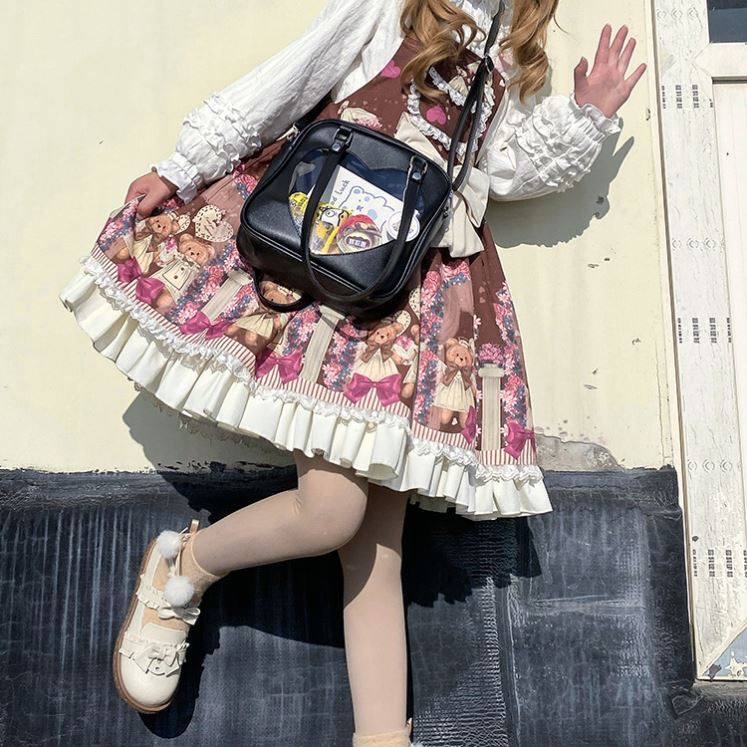 Japanses mochila feminina quadrada itabag, bolsa de couro pu de 3 saídas, mochila escolar feminina kawaii, saco transparente para ita de compras