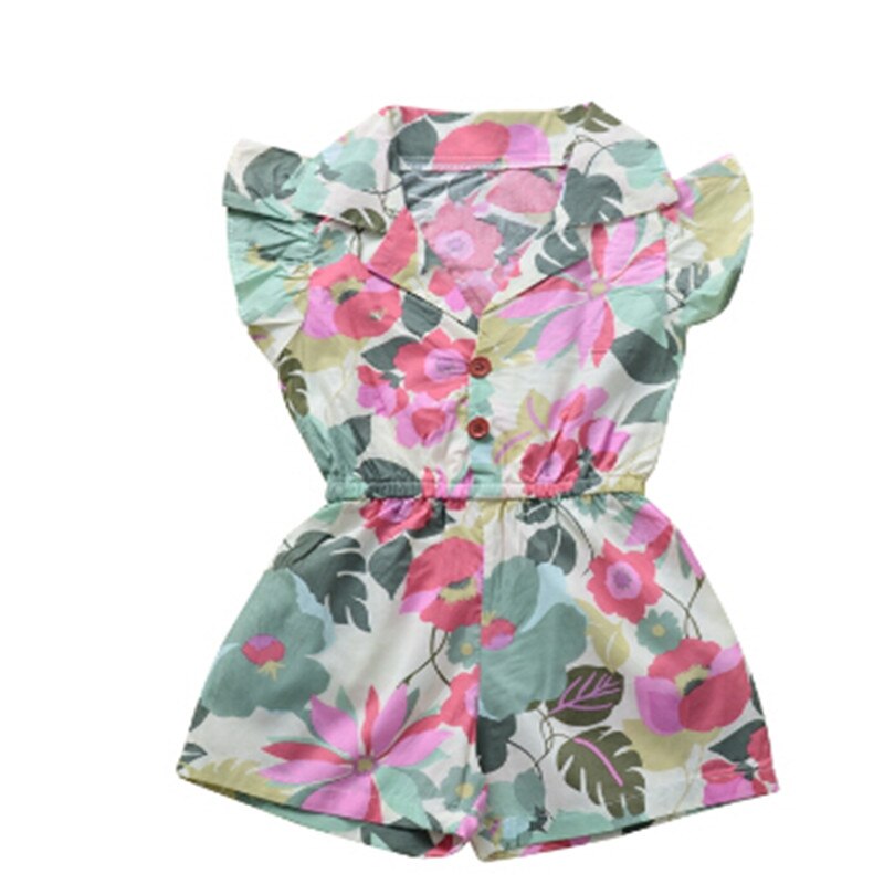 Børn overall småbørn baby pige solsikke print flæse jumpsuit playsuit kortærmet sommer stretch v-hals