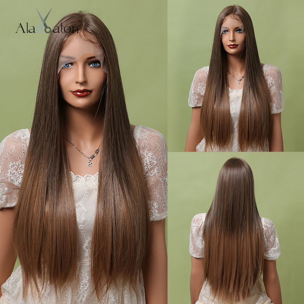 ALAN EATON Long Straight Ash Brown to Warm Brown Synthetic Lace Front Wig for Women Middle Part Heat Resistant Lace Hair Wigs: BL66071-1