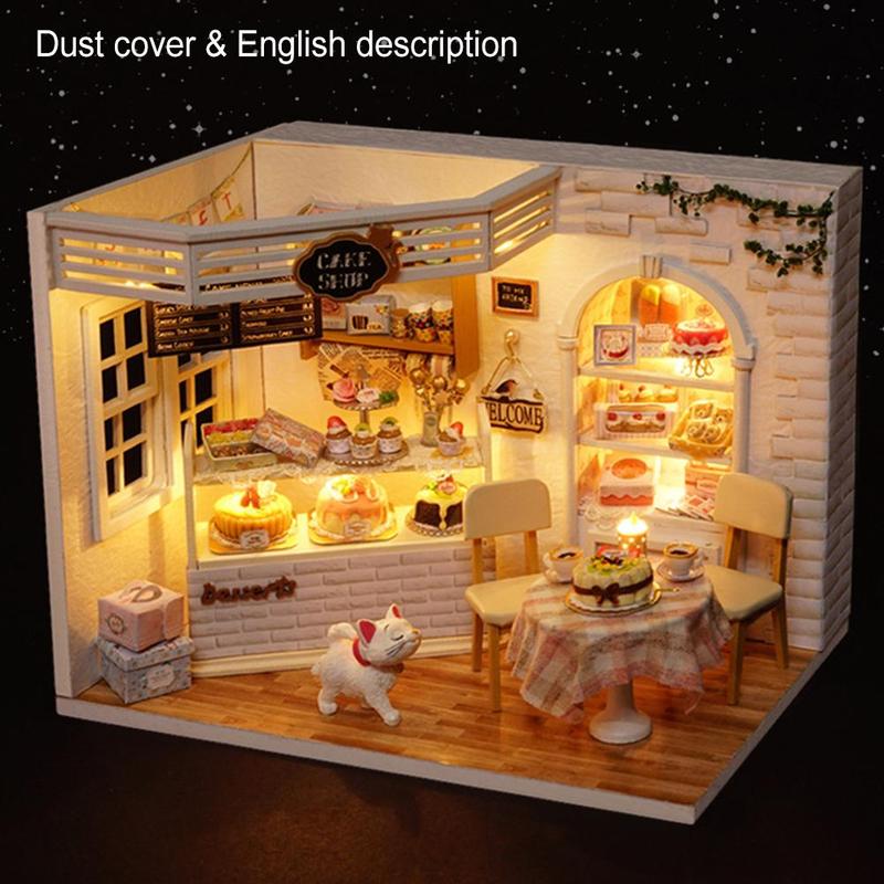 3D Holz Kuchen Einkaufen Mini Puppenhaus Möbel Miniatur Landschaft freundlicher Geburtstag LED-leuchten Hütte Spielzeug Manuelle Montage Modus