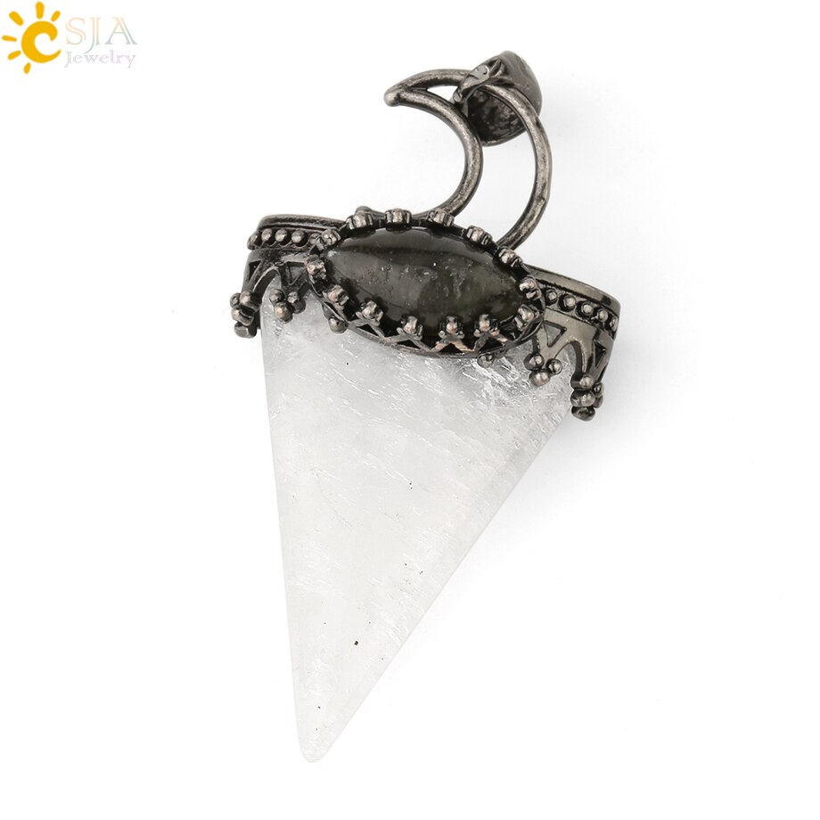 CSJA Natural Stone Triangle Pendant Necklace Antique Silver-color Crown Moon Labradorite Geometric Women Men Trendy Jewelry G324: White Crystal