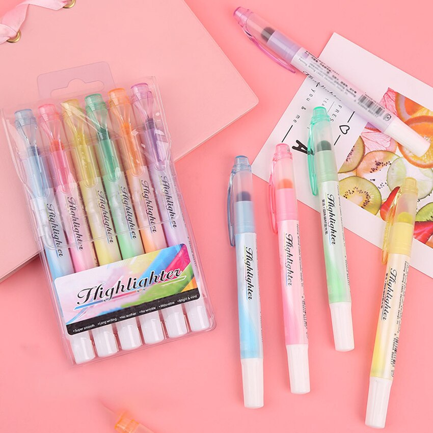 6 Pcs/set Round Head Markers Pen Set Cute Highlighter Solid Ink Makers Pen plastic Drawing Pen Smooth Writing for kids student