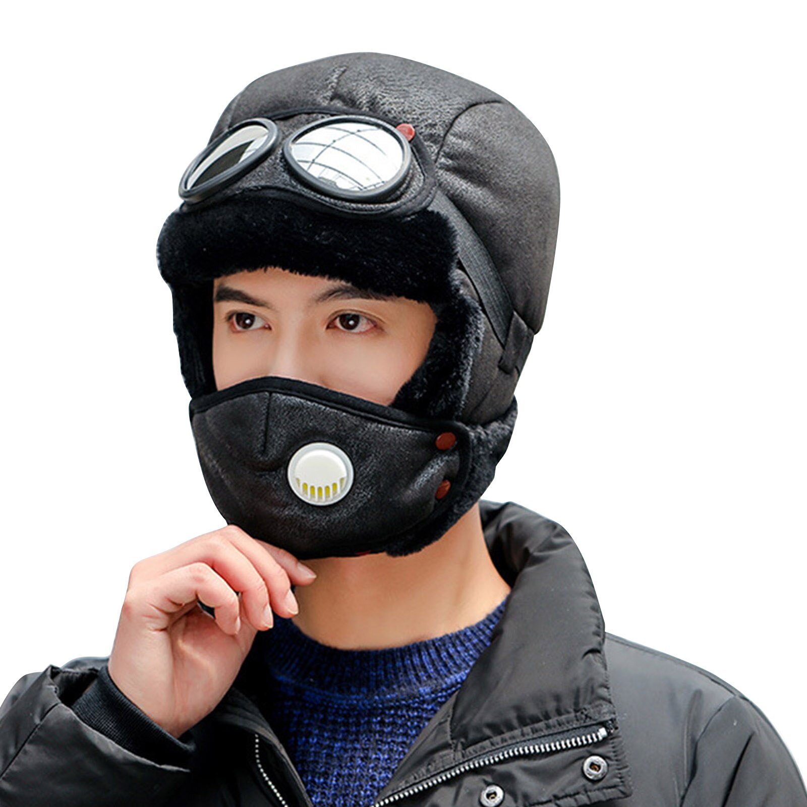 Cycling Windproof Outdoor Hat with Ear Flap and Breathing Valves Face Cover Goggles Warm Plush Full Head Hat PR: Black