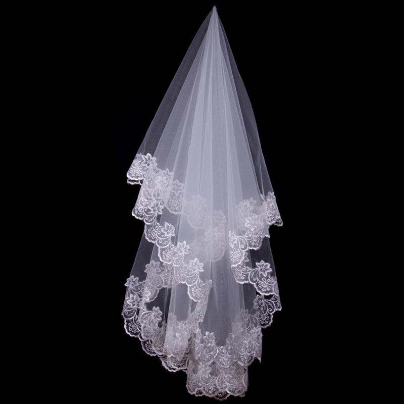 Frauen 150cm Braut Kurze Hochzeit Schleier Weiß Eine Schicht Spitze Blume Rand Appliques