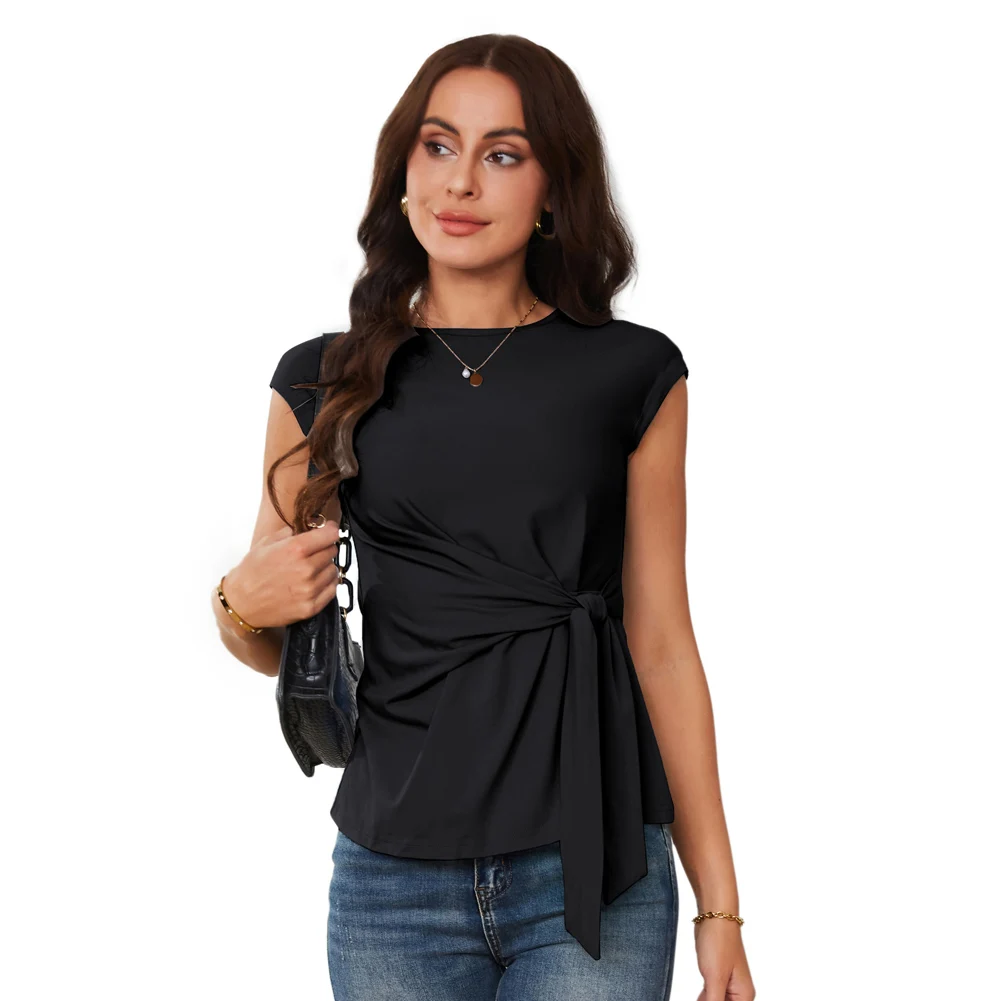 Gk kvinder bluser foran sløjfe knude dekorerede toppe klassiske kasketærmede rund hals pullover sommertoppe bluser femme