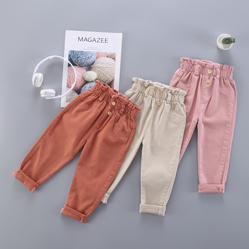 Calça infantil de cenoura, roupa infantil para o outono, calça casual de cor sólida para meninas, 2021