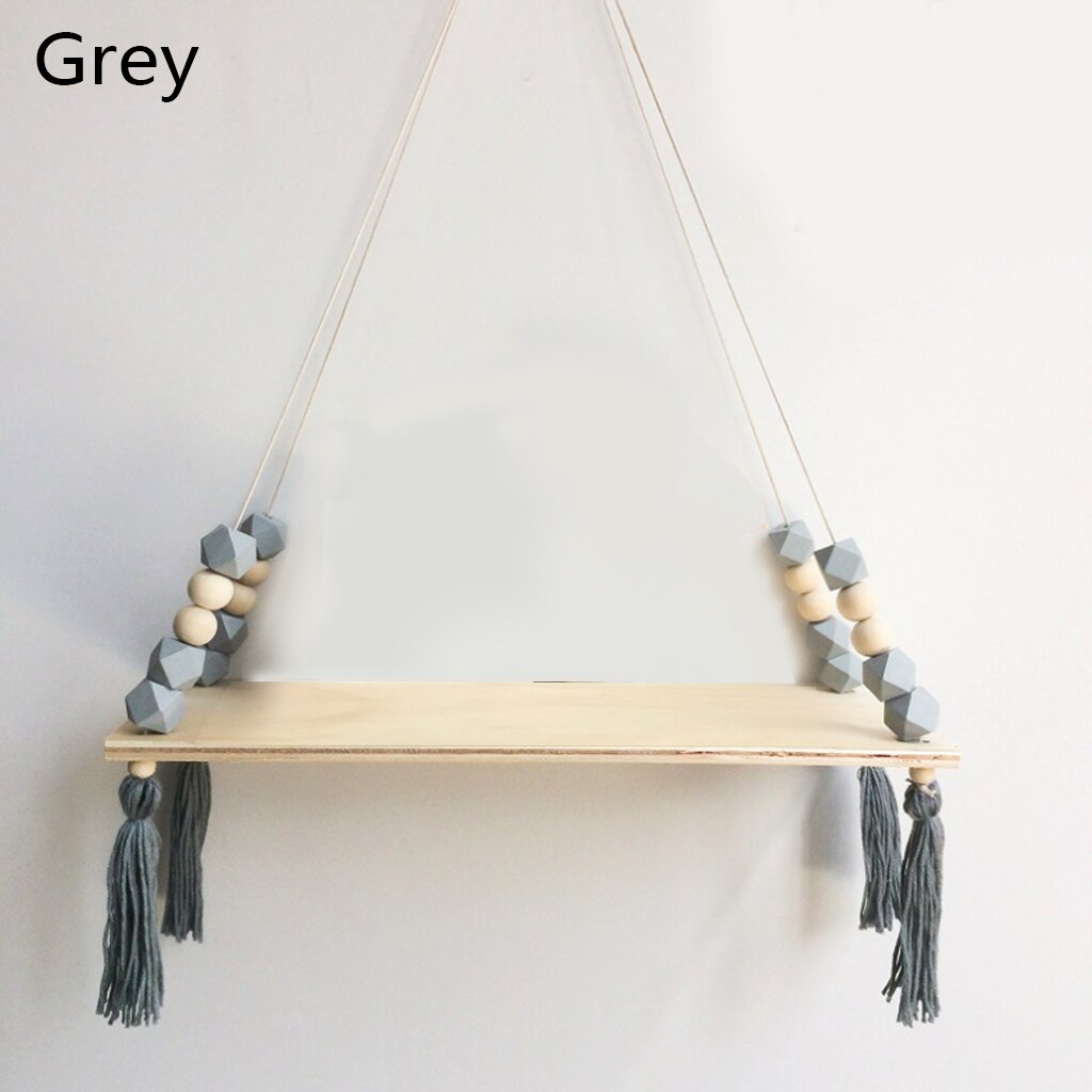 Estante de pared de madera con borlas y cuentas de colores nórdicos para niños, decoración de guardería, almacenamiento artesanal, decoración de hogar para colgar en la pared: B-Grey