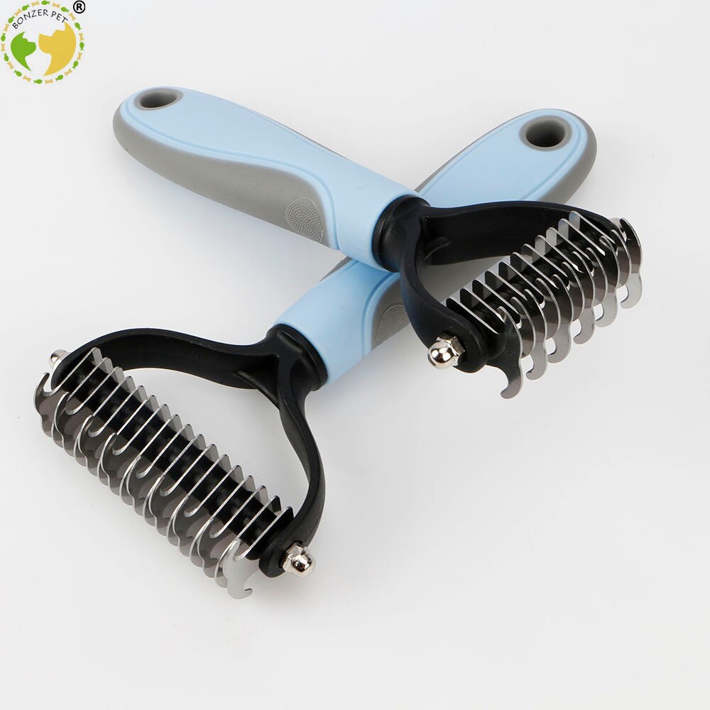 Bonzerpet Ontharing Kam Hond Kat Bont Trimmen Dematting Deshedding Roestvrij Grooming Brush Tool Lang Haar Blauwe Kleur