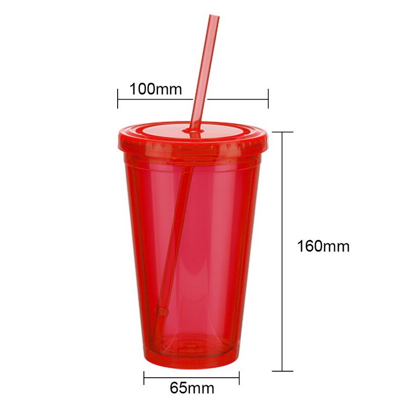 160oz mælketumbler med kuppelåg dobbeltvægs plastikdrikkekopper med halm, der kan genanvendes, klar vandflaske gennemsigtig frugtekop: Rød -500ml