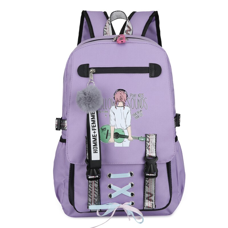 Große Schule Taschen für Teenager Mädchen Rucksack Frauen Bookbags Schüler Nylon Druck Hochschule Schul Jugend Usb mit Schloss Bagpack: LILA