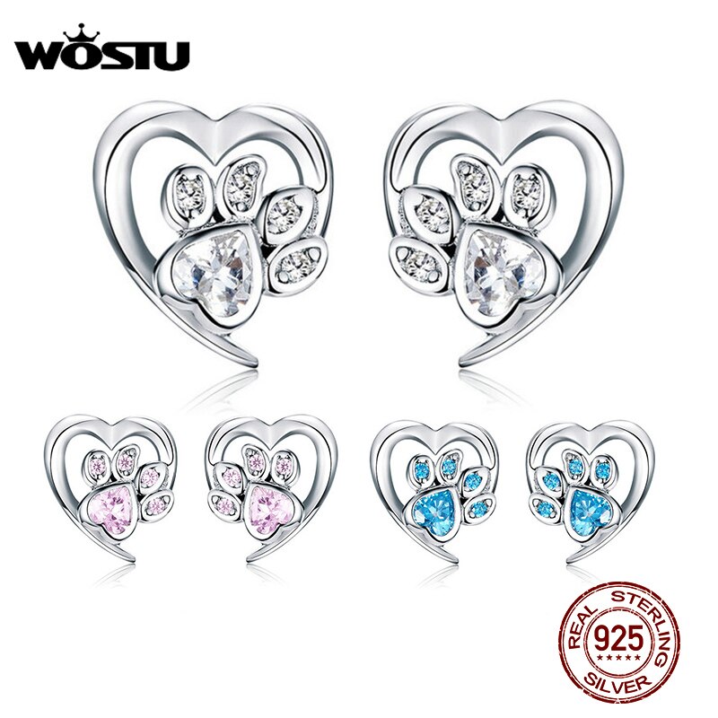 WOSTU 925 Sterling Silver Paw Dog Footprint Heart Stud Earrings For Women Stylish Zircon Lovely Small Earrings Jewelry CQE654-WH