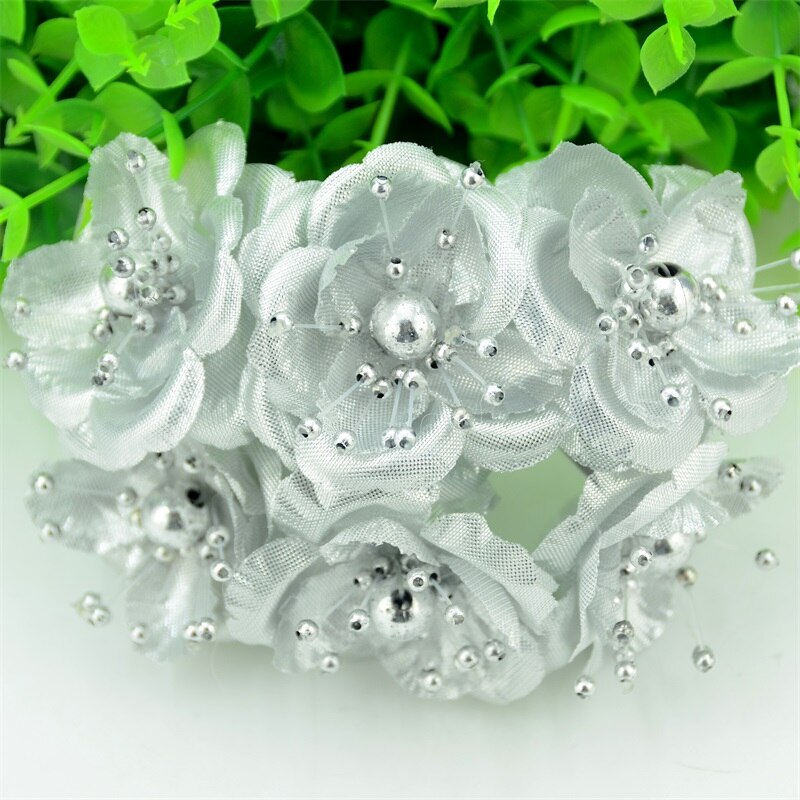12 unidades/lote estambres de perlas Mini ramo de flores artificiales de seda de color rosa para decoración de boda DIY, accesorios para tocado de flores de novia: Silver