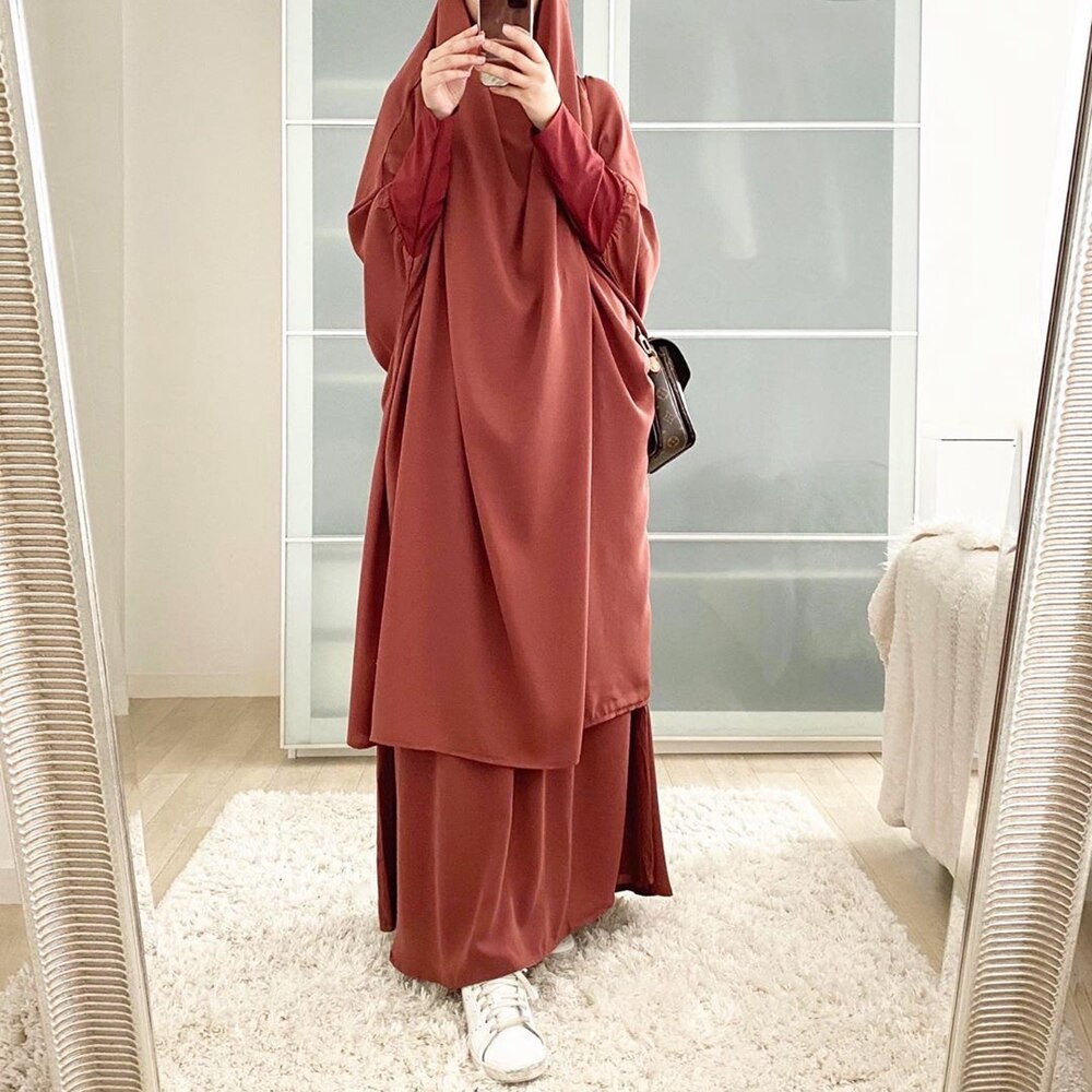 Ramadan Eid Frauen Gebet Bekleidungs Muslimischen einstellen 2 Stück Passenden Outfit Mit Kapuze Khimar Hijab Lange Felsen Abaya Islam Saudi Kleidung