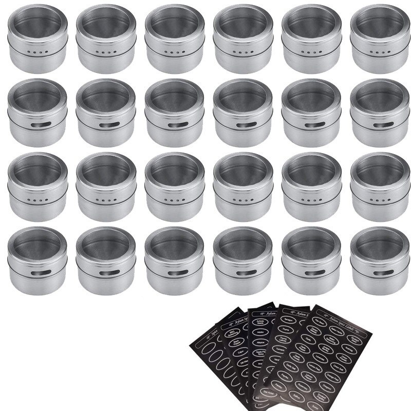Magnetic Stainless Steel Spice Jars Tins Set with Clear Lid Labels Sticker Seasoning Pepper Spice Storage Container Jars: 24 pcs