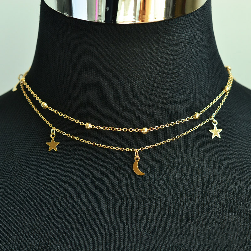 Dainty Eenvoudige Gouden Kleur Moon Star Ketting Dubbele Laag Kralen Kwastje Sleutelbeen Ketting Choker Voor Vrouwen Romantische Boho Sieraden: gold