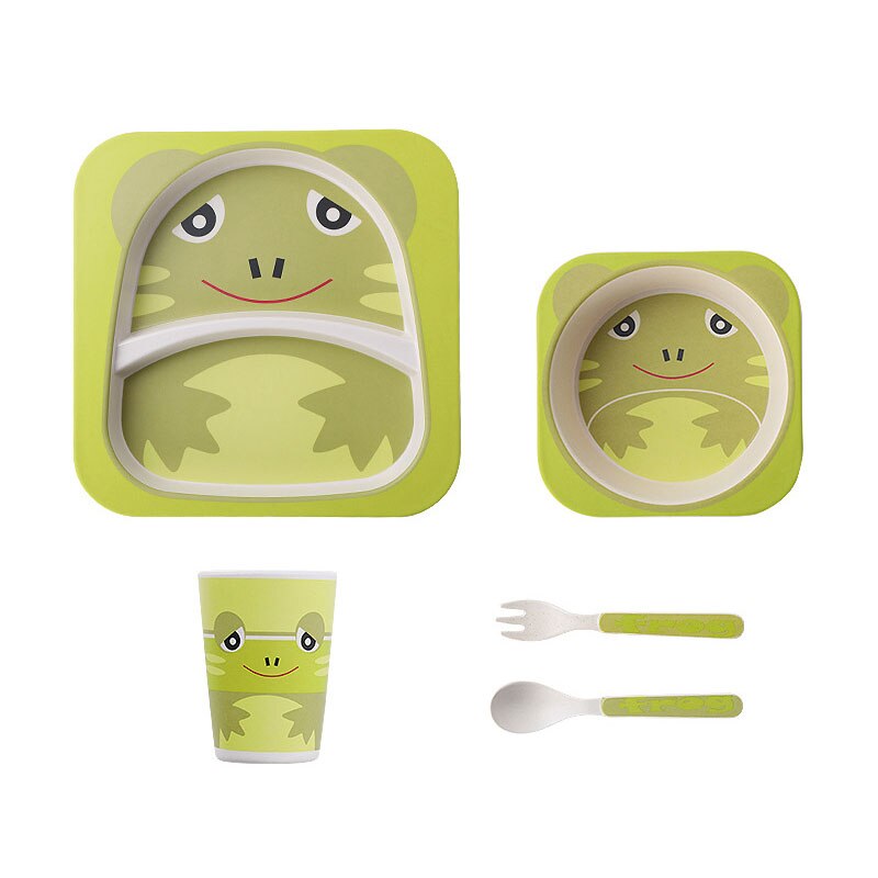 5pcs/set Animal Zoo Baby Plate Bow Cup Forks Dinnerware Feeding Set 100% Bamboo Fiber Baby Children Tableware Set: Little frog