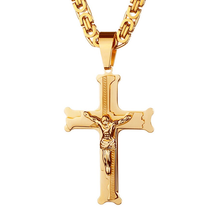 Stainless Steel Big Jesus Cross Pendant With Long Chain Men&#39;s Gold Color Crucifix Necklaces Male Religious Jewelry: XL1659 Gold Color / 58cm