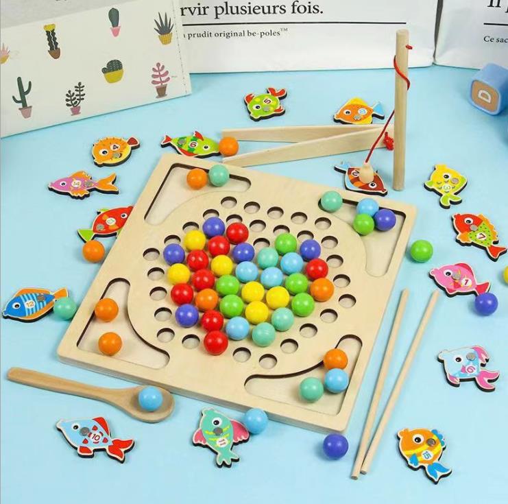 Bambini gioco di pesca di legno a dovuto-in-uno per bambini prima educazione insegnamento aiuti clip di perline concentrazione di formazione 1 istruzione