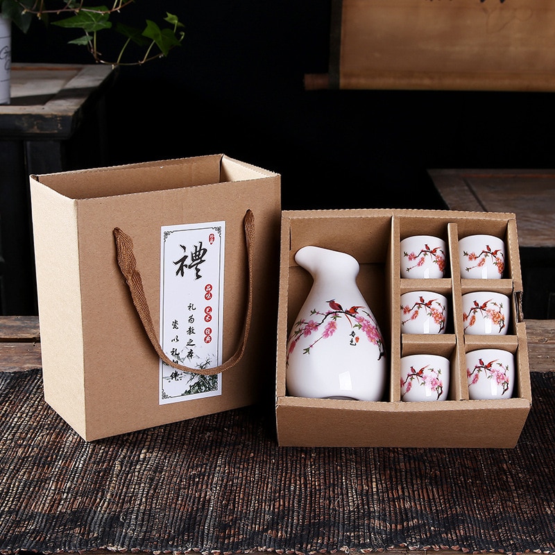 Keramik vinset box vin vitvin kopp en kastrull med sex koppar pott poäng vin reklam japansk sake kopp