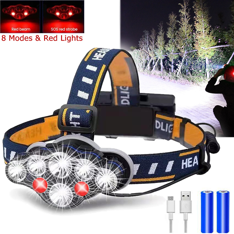 Krachtige koplamp 8 LED-koplamp 8 modi Waterdichte LED-koplamp Hoofdzaklamp Lantaarn voor buiten kamperen COB-werklamp