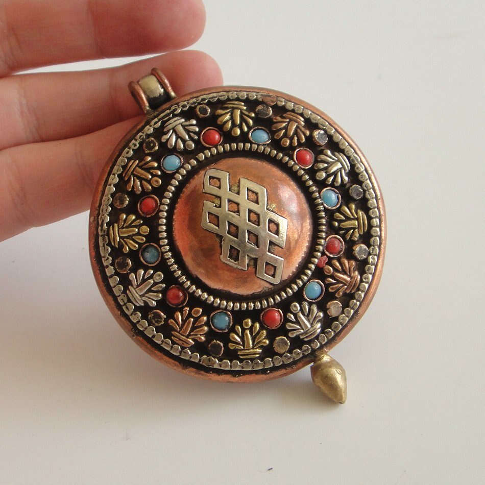 PN051 Tibetan Buddhism Gau Box Amulet Handmade Nepal Copper Auspicious knot 55mm Large Prayer Box Pendant Necklace