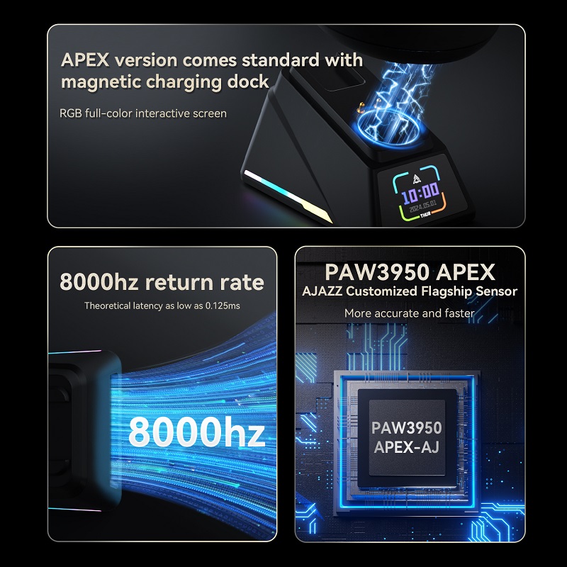 Ajazz AJ179 Apex PAW3950 Bezprzewodowa mysz do gier z stacją ładującą RGB, mysz komputerowa Macro Gamer, lekkie, ergonomiczne myszy komputerowe