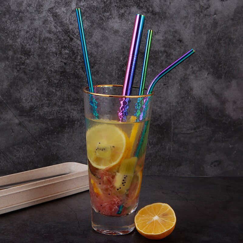O metal reusável que bebe palhas de aço inoxidável resistente dobrou a palha reta das bebidas com acessório da festa da barra da escova da limpeza