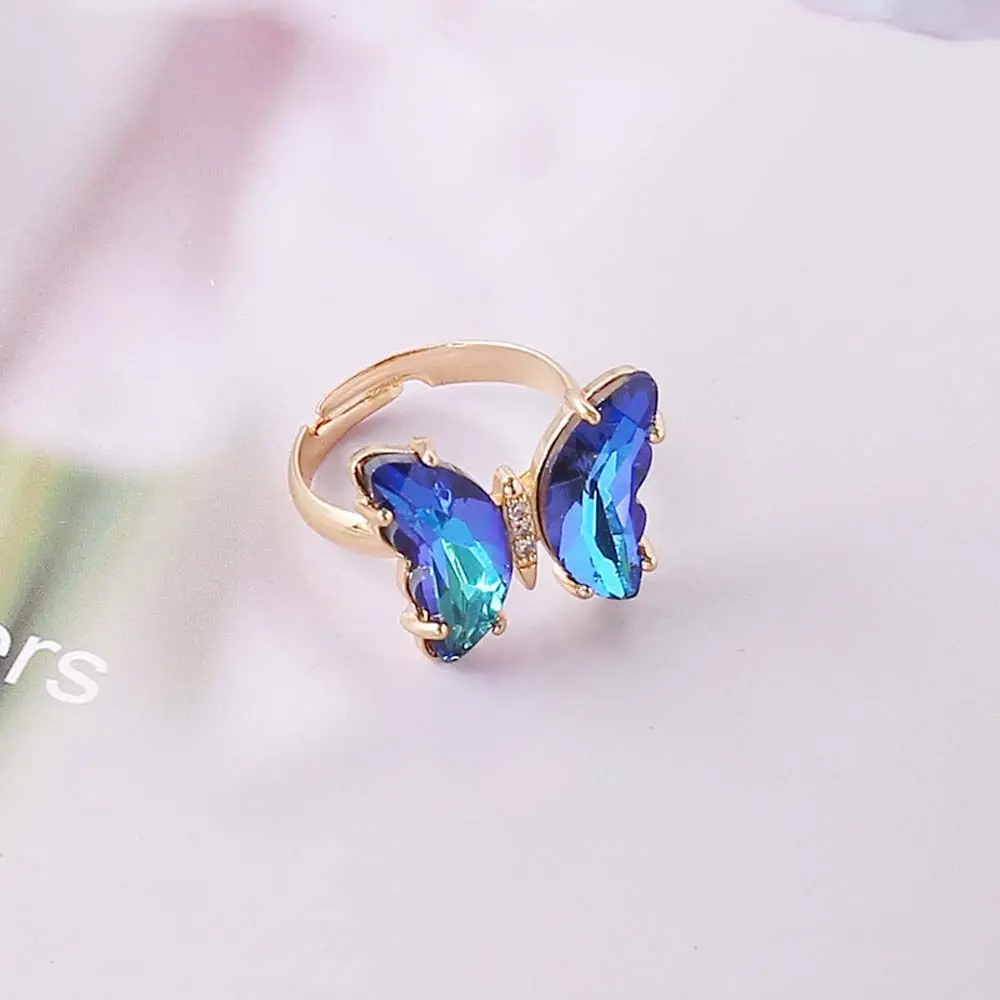 Adjustable Women Girls Korean Crystal Butterfly Open Ring Jewelry Finger Rings: black