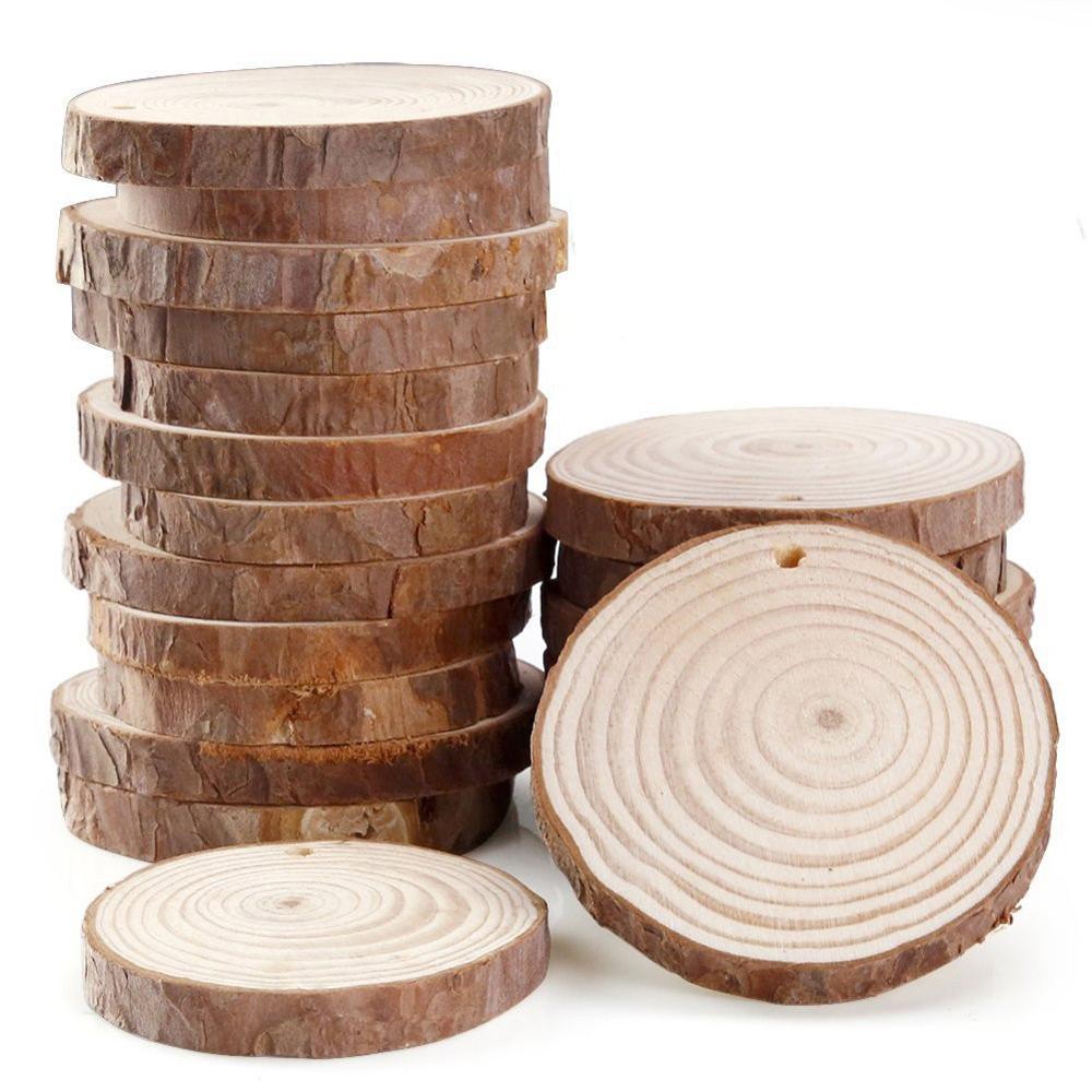 Perforadas decorativas naturales Rodajas de madera círculos con discos de troncos de corteza de árbol para decoración de pintura de de boda artesanal DIY